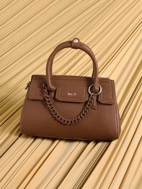 Women Brown Solid Handheld Bag with Detachable Strap and Chain Detailing Stylish Bags, Unbeatable Prices Women Brown Solid Handheld Bag with Detachable Strap and Chain Detailing Stylish Bags, Unbeatable Prices