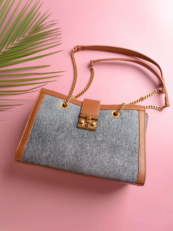 New Arrivals Women Denim Textured Canvas Structured Shoulder Bag With Lock detail Premium Quality Bags At Affordable Prices New Arrivals Women Denim Textured Canvas Structured Shoulder Bag With Lock detail Premium Quality Bags At Affordable Prices